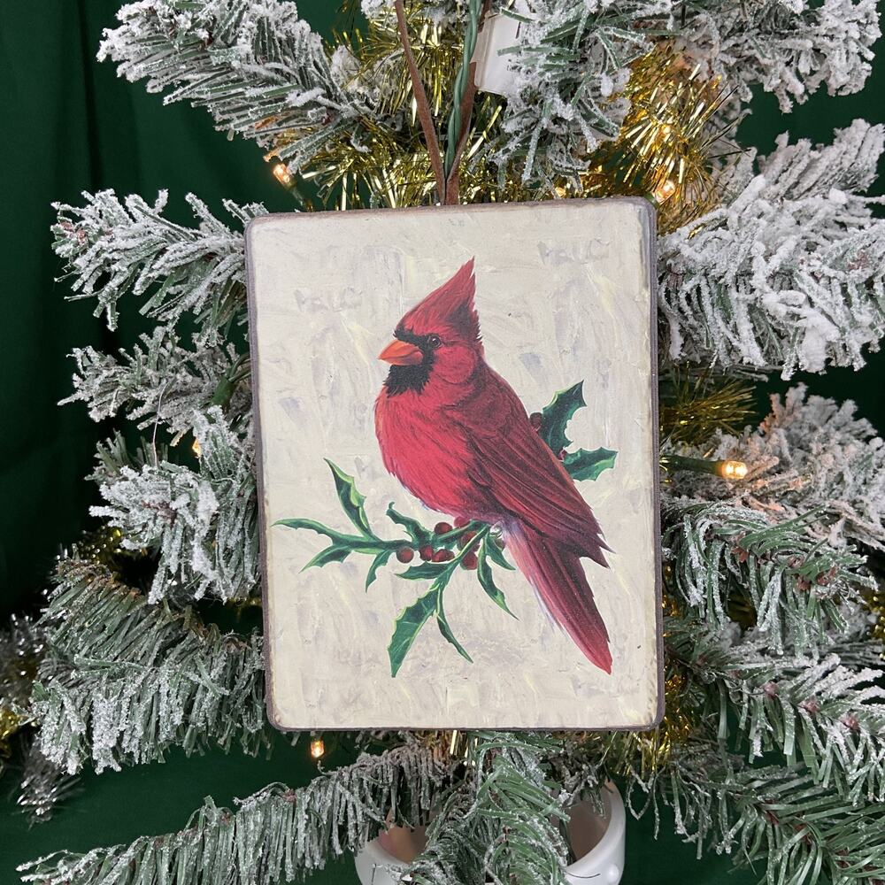 Red Cardinal on Holly Branch Wooden Block Christmas Ornament